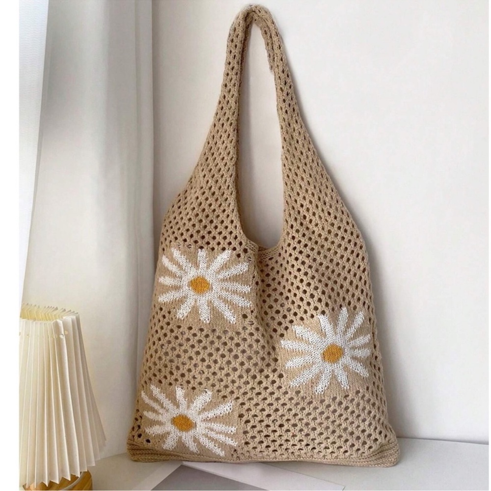 Handmade Crochet Medium Size High Capacity Shoulder Tote Bag Khaki Flower